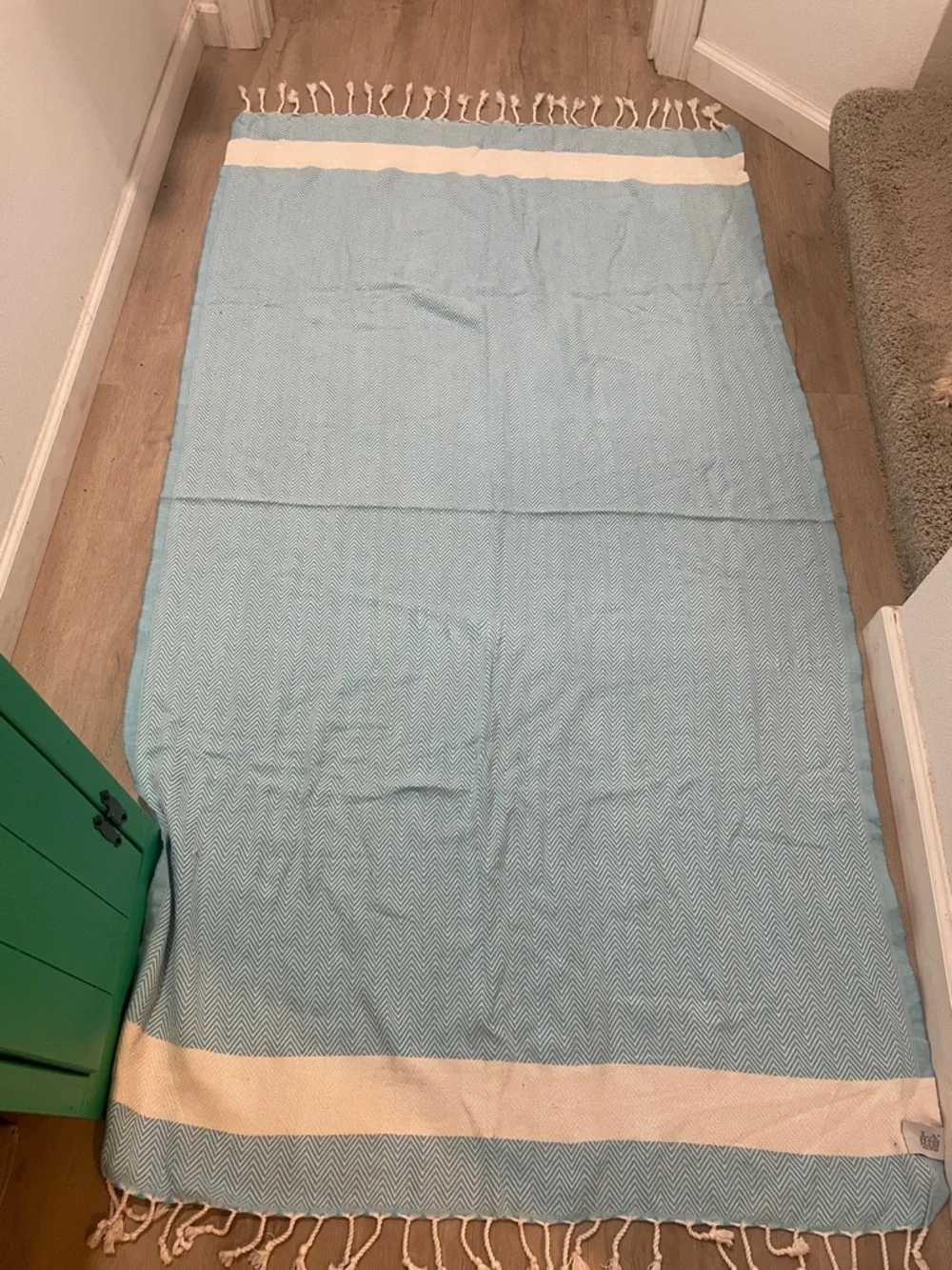 Light Blue and Cream Oversized Turkish-Style Fringe Beach Blanket 100% Cotton